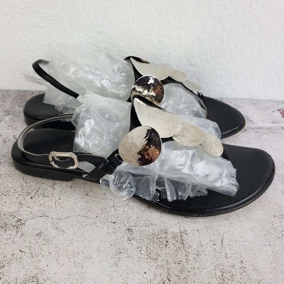 iL Sandalo Italia Black Leather Sandals Flats Hammered Metal size 37 Boho Resort - Picture 5 of 11